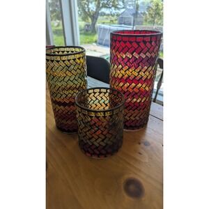 TAG Mosaic Glass Candle Holder Set 3 Red Amber Herringbone Vases Boho Decor